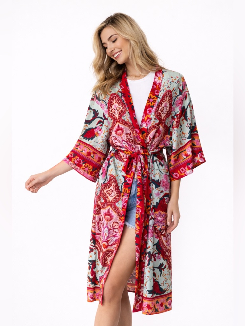Cleo Floral Kimono Robe Cover-up One Size NWT Boho Paisley Lightweight Duster